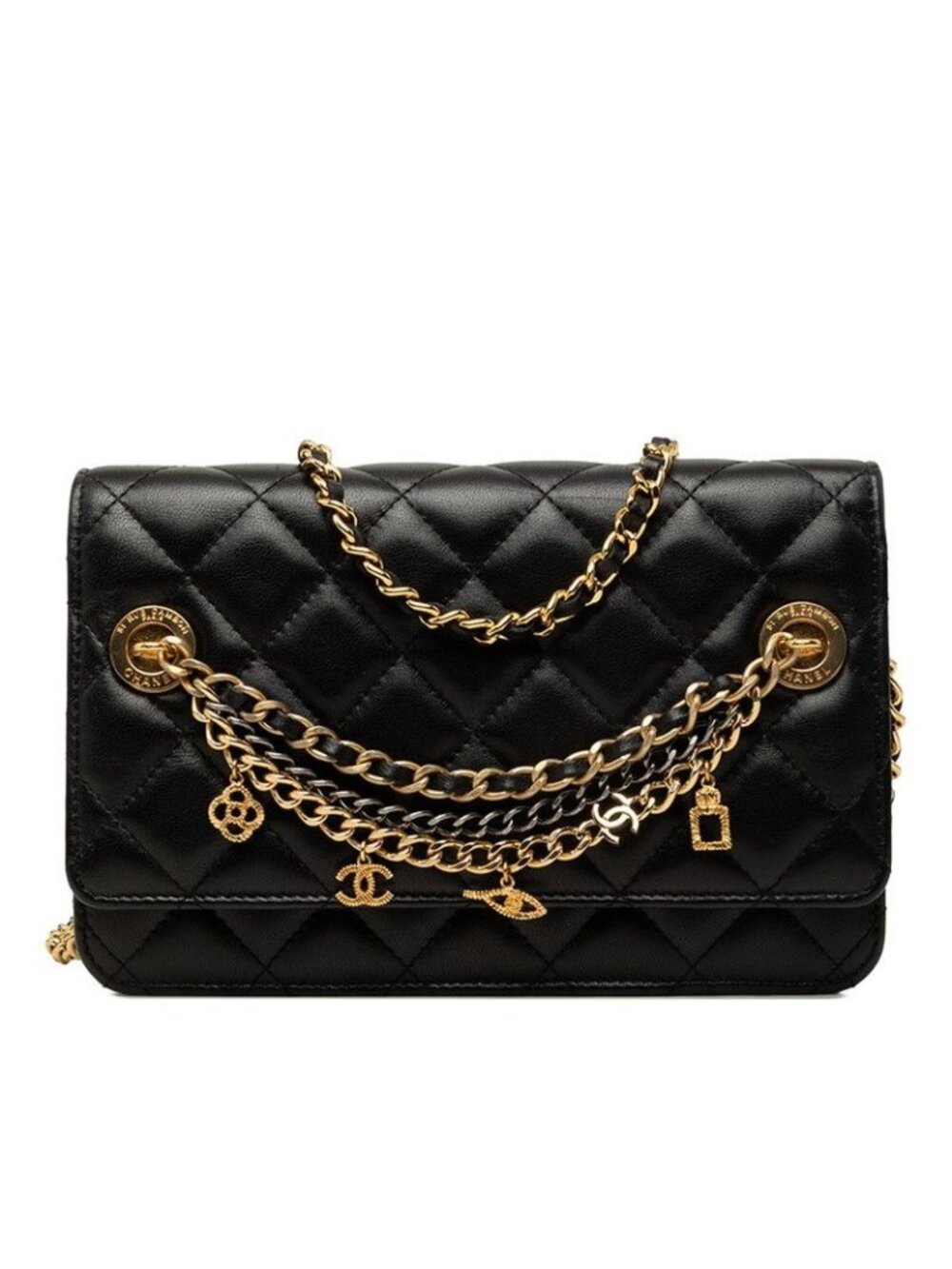 Chanel CC Logo Quilted Chain Wallet Shoulder Bag Black Gold Lambskin